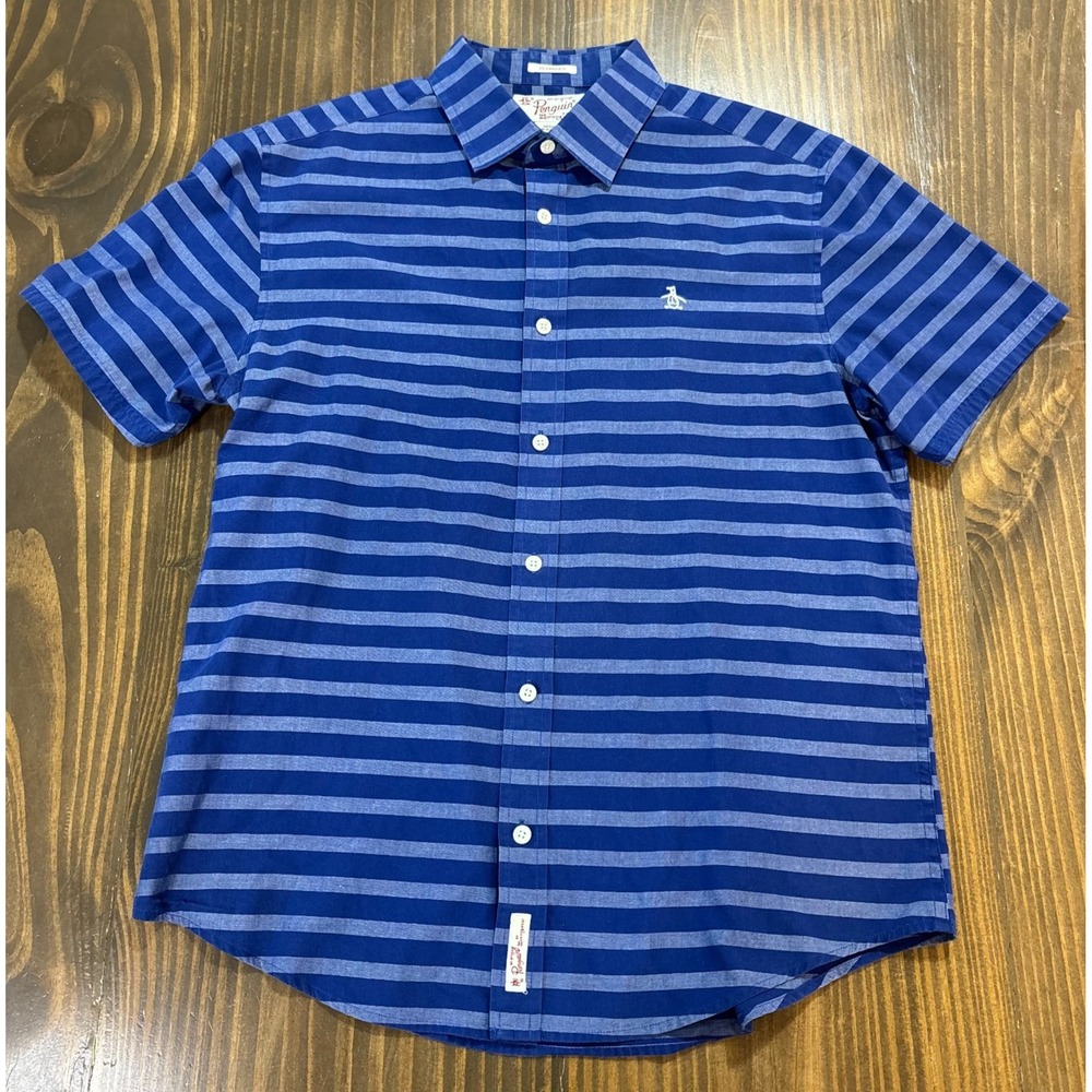 ORIGINAL PENGUIN Button Up Shirt Mens Medium Blue Striped Short Sleeve Classic - Picture 2 of 8